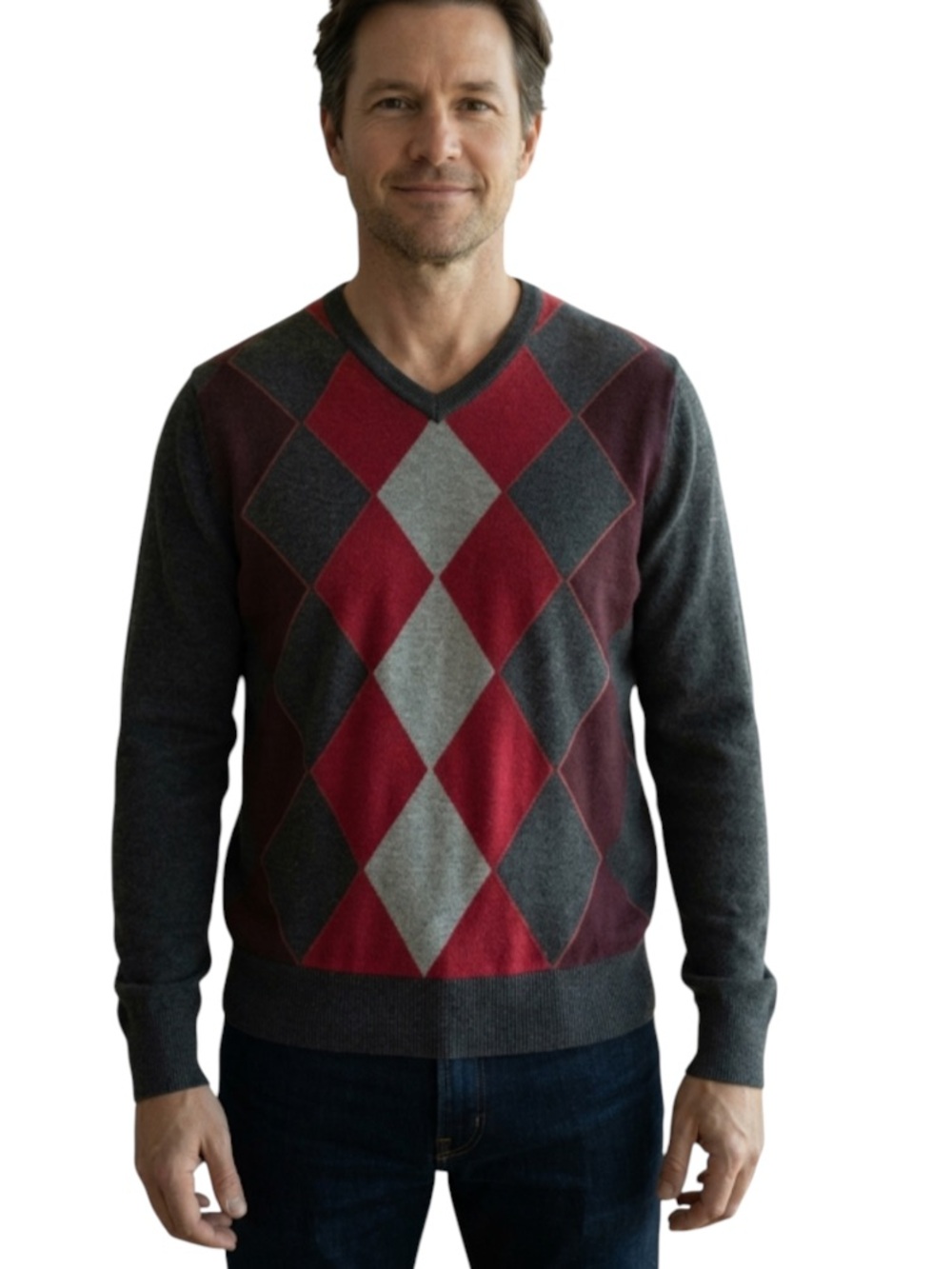 Perry Ellis Men's Abstract Argyle V-neck Sweater Navy Blue Sz M Medium